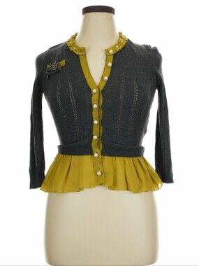 Pearl Buttoned Charcoal Gray & Mustard Yellow Peplum Cardigan - Twelve By Twelve